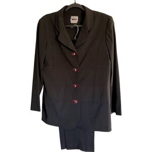 Leslie Fay Women Black Pant Suit Set Blazer Trousers Red Accent‎ Buttons Size 14